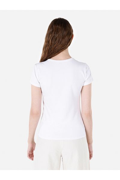 Colin's Tricou alb cu mânecă scurtă pentru femei, cu decolteu rotund, slim fit