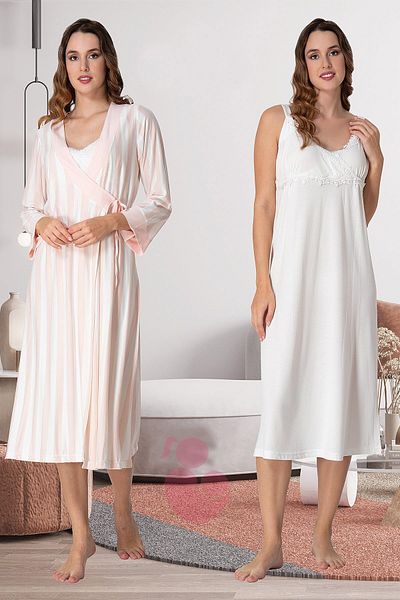 Pelin Women's Ecru Patterned Maternity Nightgown-Morning Dress Set
