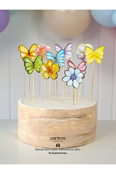 partince 10 Parça Pastel Kelebek Çiçek Pasta Kürdanı Cake Topper Doğum Günü P...