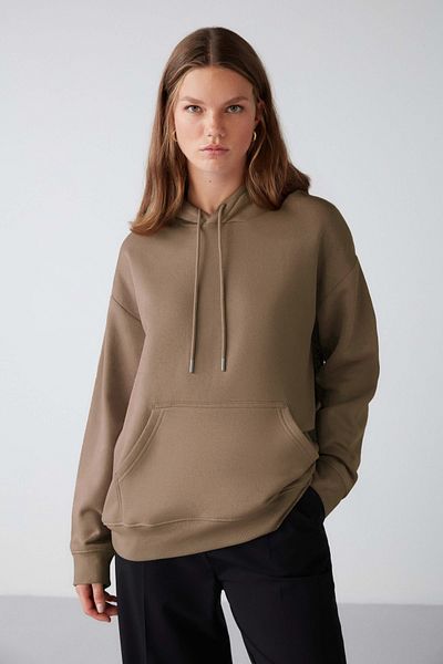 GRIMELANGE Adel Women's Organic Cotton Fleece Inside Soft Relaxed Kangaroo Pocket Hooded Mink Sweatshirt