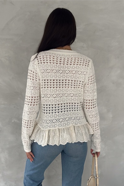 FEMELLE Women's Beige Standard Size Lace Detailed Openwork Knitwear Cardigan