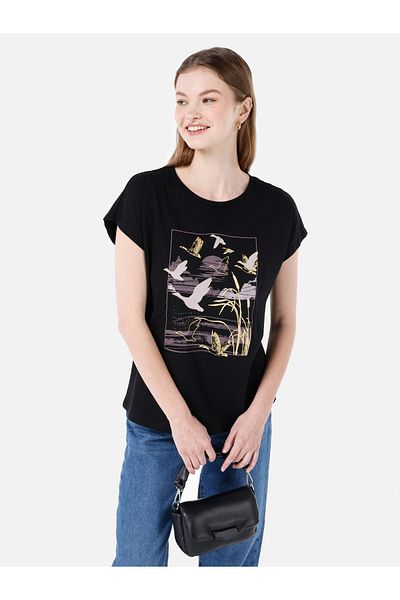 Colin's Tricou negru cu mânecă scurtă pentru femei, cu decolteu rotund, cu croială normală