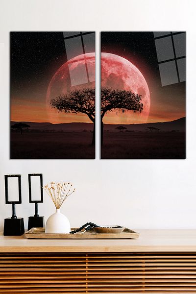 Vosevu Red Sky Full Moon and Tree Set of 2 Glass Painting Set, Modern Home Office Decor Gift Wall Decoration