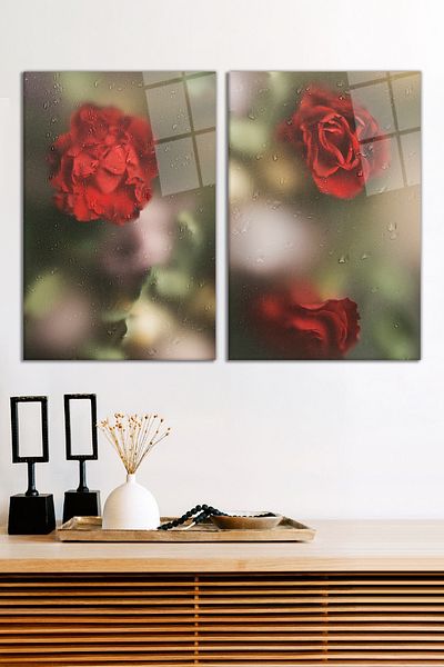 Vosevu Red Roses with Water Drops Set of 2 Glass Paintings, Modern Home and Office Decor, Gift Wall Decoration