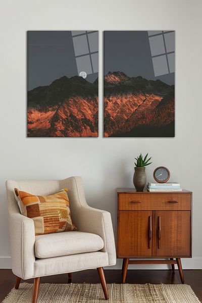 Vosevu Set de 2 picturi pe sticlă cu peisaj de munte la apus de soare, decor modern pentru biroul de acasă, decorare de perete cadou