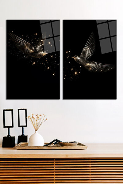 Vosevu Pırıltılar İçinde Uçan Kuşlar 2'li Cam Tablo Seti, Modern Ev Ofis Deko...
