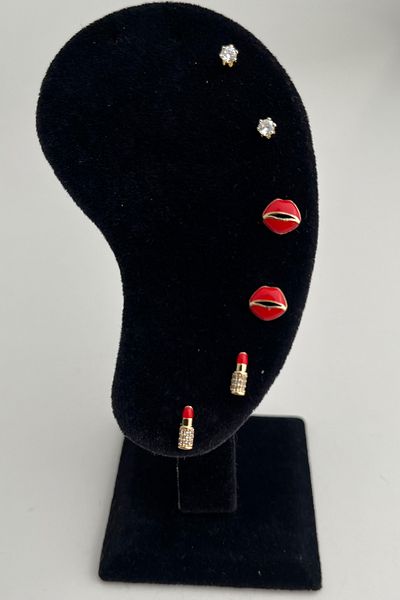 Modex Gold Color Minimal Lip Lipstick Detail Triple Earring Set