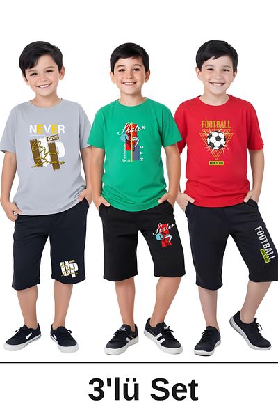 panios kids 3-Piece Never-Skater-Football Printed Boys' Short Sleeve Double Pocket Capri Bottom-Top Suit