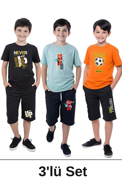 panios kids 3-Piece Never-Skater-Football Printed Boys' Short Sleeve Double Pocket Capri Bottom-Top Suit