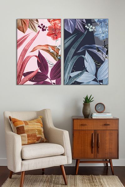 Vosevu Abstract Artistic Leaves Set of 2 Glass Paintings, Modern Home and Office Decor, Gift Wall Decoration
