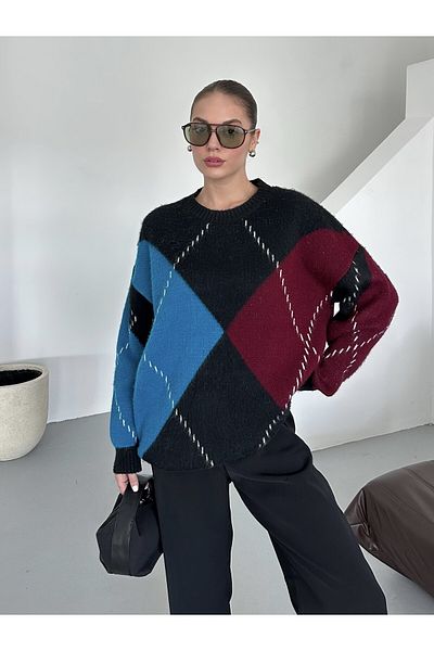Laluvia Roșu Claret - Pulover cu model Argyle Albastru - 7184