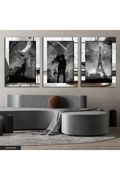 Evinemoda Love Eiffel Tower Silver 3 piese de pictură cu oglindă din plexiglas