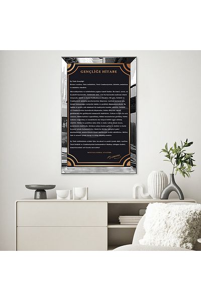 Zevahir Mobilya Dekorasyon Cadru din plexiglas cu oglindă argintie Mustafa Kemal Atatürk Discursul la tineret Imprimare de calitate Tabel unic MDF