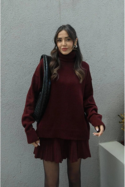 SSDESİNG Burgundy Pleated Mini Skirt Fisherman Sweater Bottom Top Knitwear Set