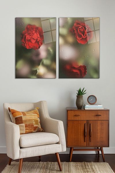 Vosevu Red Roses with Water Drops Set of 2 Glass Paintings, Modern Home and Office Decor, Gift Wall Decoration