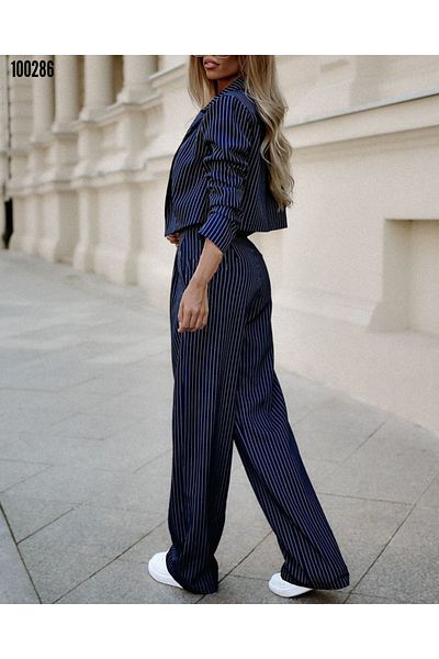 MODA Women's Long Sleeve Striped Wide Leg Pants and Jacket Two-Piece Set
