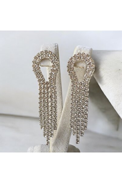 Takıtolia Püsküllü Uzun Sallantılı Zirkon Taşlı Parıltılı Su Yolu Abiye Küpe