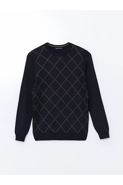LC Waikiki Lcwaikiki Classic Navy Blue Crew Neck Long Sleeve Patterned Men's Knitwear Sweater