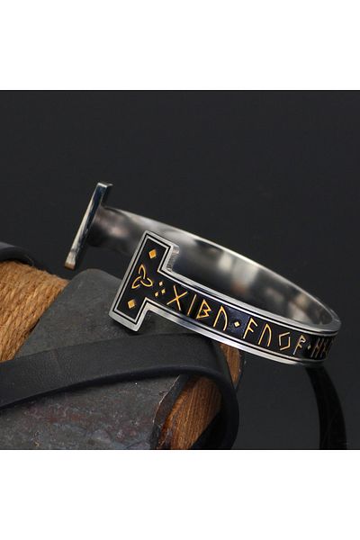 Viking Runic Lettering Open Handcuff Style Nordic 316L Steel Adjustable Men's Bracelet