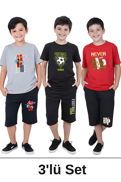 panios kids 3-Piece Never-Skater-Football Printed Boys' Short Sleeve Double Pocket Capri Bottom-Top Suit