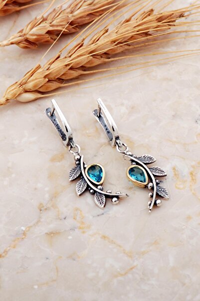 Sümer Telkari Akuamarin Taşlı Yapraklı Dövme Elişi Gümüş Küpe 7211