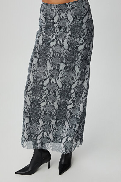 GRIMELANGE Beulah Women's Maxi Length Slim Fit Elastic Waist Tulle Tie Dye Print Snake Print Skirt