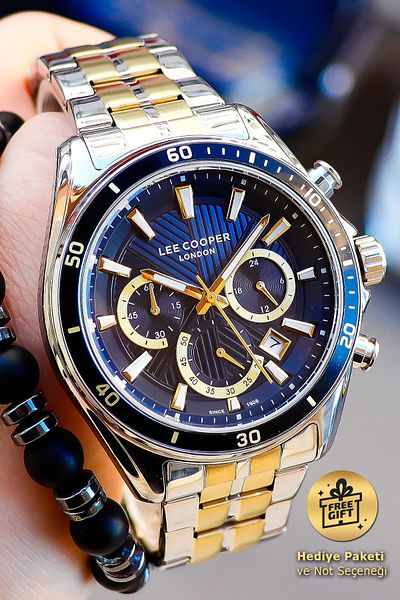 Lee Cooper Navy Blue Gold Yellow White Silver Men's Wristwatch with Stopwatch and Calendar Lc07256.290