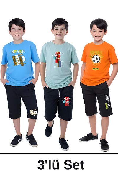 panios kids 3-Piece Never-Skater-Football Printed Boys' Short Sleeve Double Pocket Capri Bottom-Top Suit