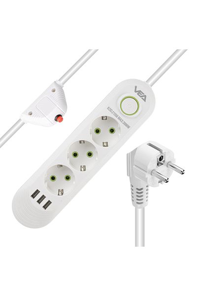 Kelepir Fırsatlar Va-21558 3-Piece 3-Usb 1.5 Meter Current Shielded Socket White Kpf77-9C23