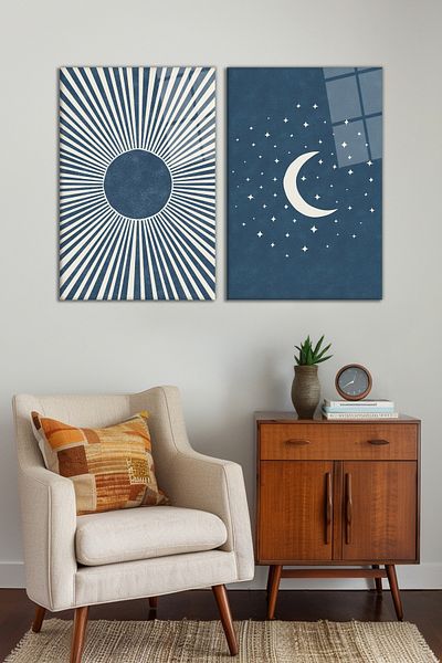 Vosevu Set de pictură din sticlă din 2 piese Blue Bohemian Sun and Moon, decor modern pentru casă și birou, decorare de perete cadou