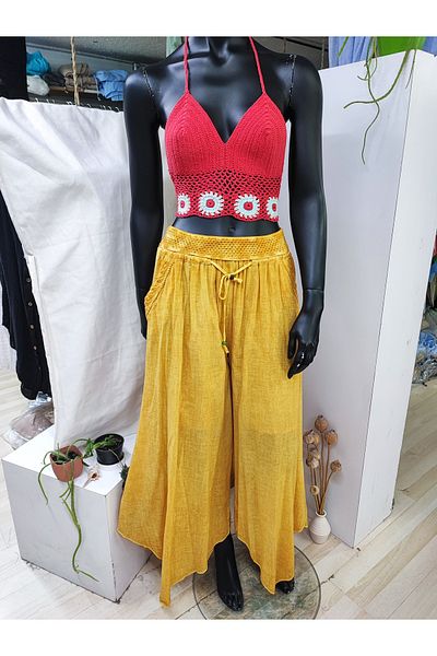 Sosyete Kaplumbağa Cotton Elastic Waist Asymmetrical Wide Leg Plus Size Design Trousers