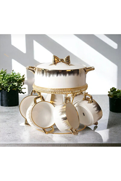 Home 1269 Gold Yaldızlı 9 Parça Standlı Porselen Tencere Ve Kase Çorba Seti