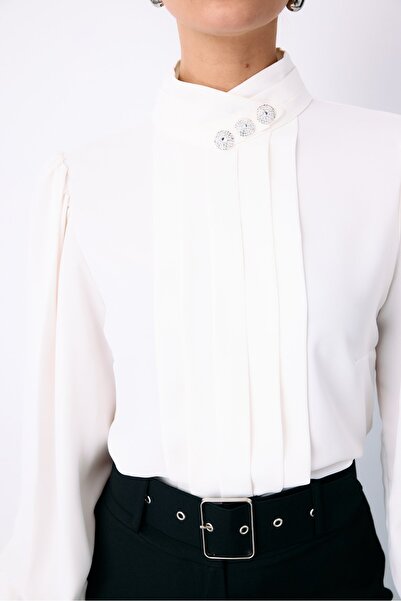 Sateen Μπλούζα με λεπτομέρεια με ραβδώσεις - Εκρού