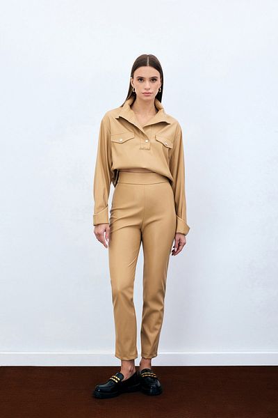 Sateen Pantaloni din piele cu talie înaltă - bej