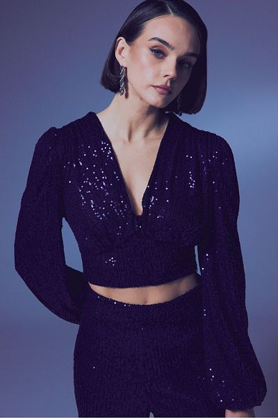 Sateen Bluză crop cu paiete la două piept - bleumarin