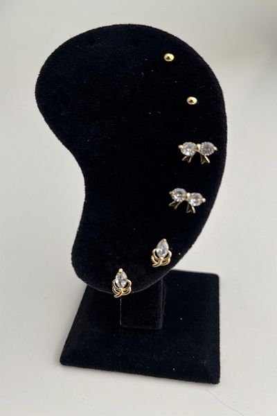 Modex Gold Color Bow Detailed Multiple Earrings Set
