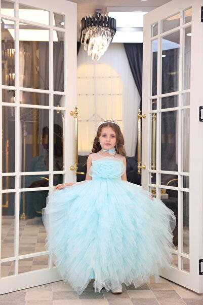 MİSS RAİN KABARIK FIRFIR TÜTÜ ETEKLİ TÜL GÜL DETAYLI PRENSES KIZ ÇOCUK ABİYE ELBİSE-AKSESUAR HEDİYELİ