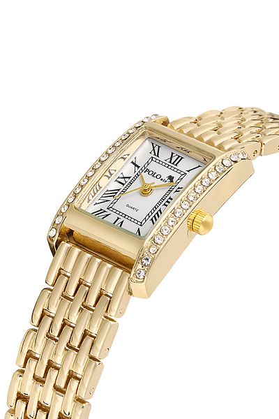 Polo Air Luxury Stone Detailed Vintage Women's Wristwatch - Roman Numeral, Gold Pl-1501B1X