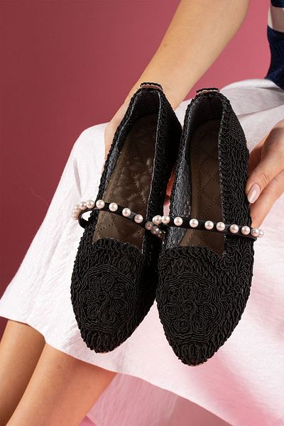 FUGA MODA Balerini Barta Negru Oval Brodat cu Curea de Perle