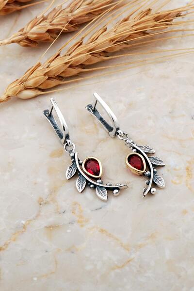 Sümer Telkari Kök Yakut Taşlı Yapraklı Dövme Elişi Gümüş Küpe 7217