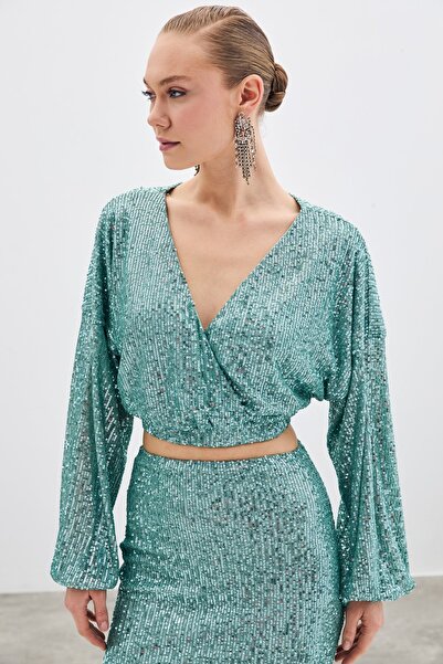 Sateen Payetli Kruvaze Bluz - Mint