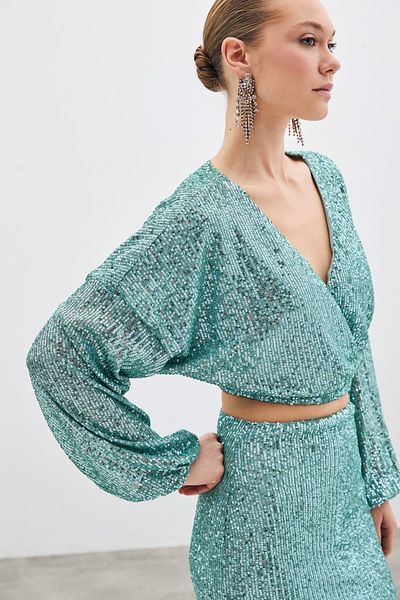 Sateen Sequined Double Breasted Blouse - Mint