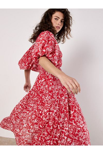 Apricot Gestuftes Midikleid Mit Rosenmuster