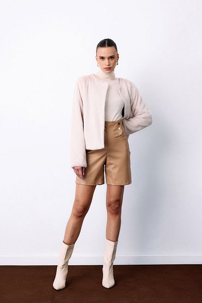 Sateen Leather Shorts with Button Accessories - Beige