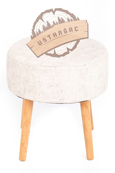 ustaagac Puf Koltuk Tabure // Dekoratif Tek Renk Kırık Beyaz // Ahşap Gürgen ...