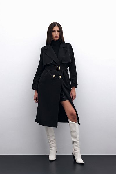 Sateen Black Long Belted Trench Coat