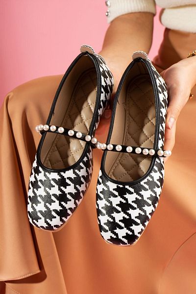 FUGA MODA Balerini cu model Perly Houndstooth cu accesorii cu bandă de perle