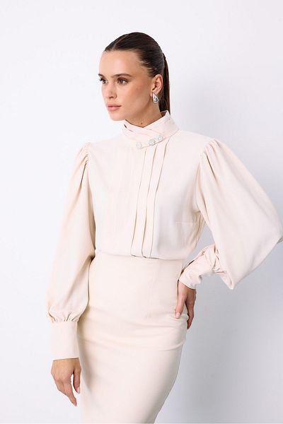 Sateen Rib Detailed Blouse - Beige