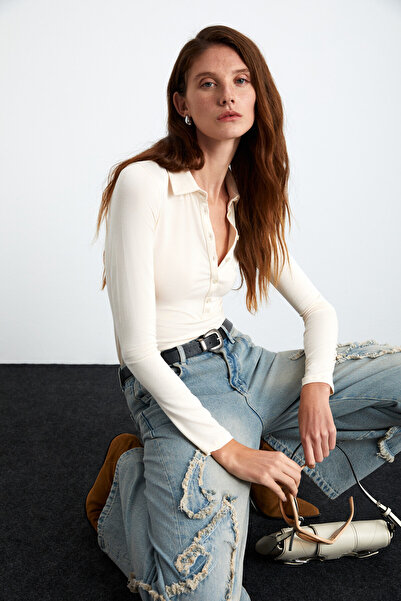 GRIMELANGE SAYDA Kadın Viskon Karışımlı Polo Yaka Slim Fit Ekru Bluz