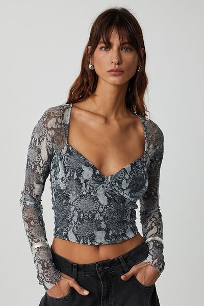 GRIMELANGE LILY Damen-Bluse aus Tüll, Netzstoff, doppellagig, herzförmiger Ausschnitt, Brustkörbchen, Schlangenmuster